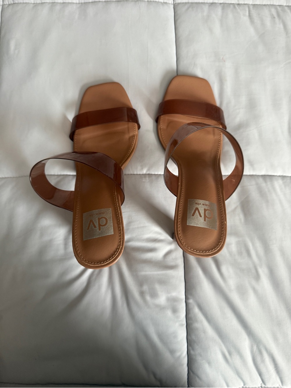 DV by Dolce Vita Tan Brown Square-Toe Slide Sandals with Clear Straps
